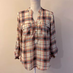 Charlotte Russe women’s long belted sleeve plaid shirt, 3 buttons, 2 pockets S